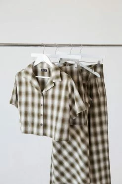 Thrills Co. Angel Check Crop Shirt - Dark Olive Tops & Tees