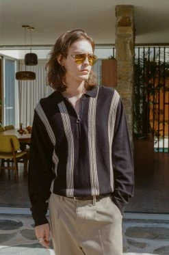 Thrills Co. Chief Jacquard Knit Long Sleeve Polo - Black New Arrivals