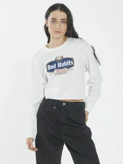 Thrills Co. Bad Habits LS Merch Super Crop Tee - Dirty White 1% For The Planet