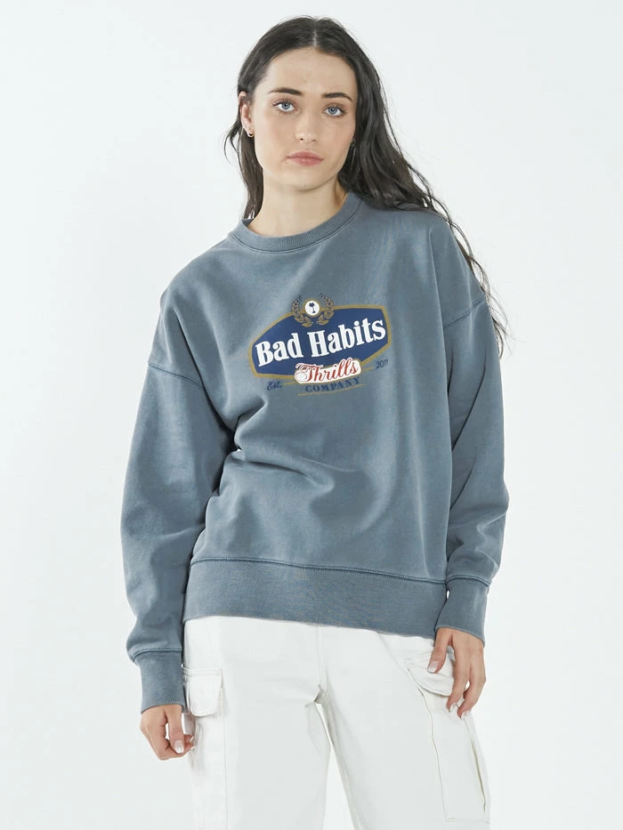 Thrills Co. Bad Habits Die Hard Slouch Crew - Airforce Blue 1% For The Planet 3 Thrills Co. Bad Habits Die Hard Slouch Crew - Airforce Blue 1% For The Planet