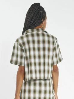 Thrills Co. Angel Check Crop Shirt - Dark Olive Tops & Tees