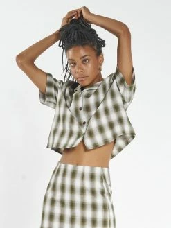 Thrills Co. Angel Check Crop Shirt - Dark Olive Tops & Tees
