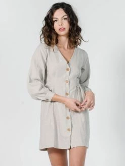 Cheap Thrills Store 7 Thrills Co. Linen Chrissy LS Dress - Oat